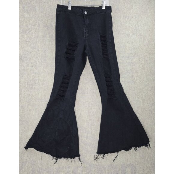 Rue21 Black Distressed High-Waist Bell Bottom Flare Jeans Cotton Blend - Picture 1 of 10